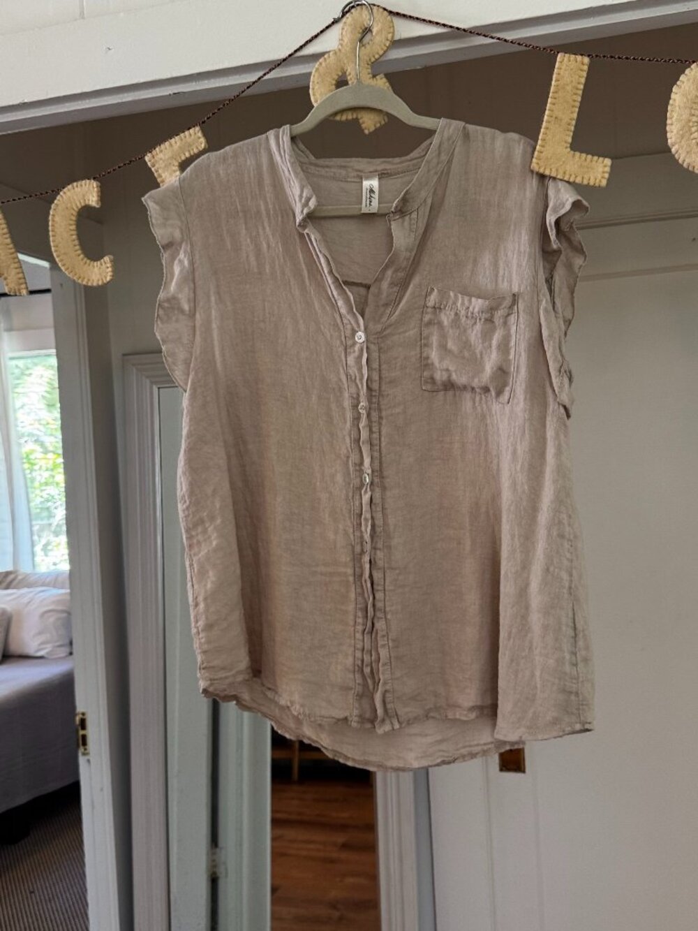 100% Linen Blouse Shirt short ruffled sleeves Large